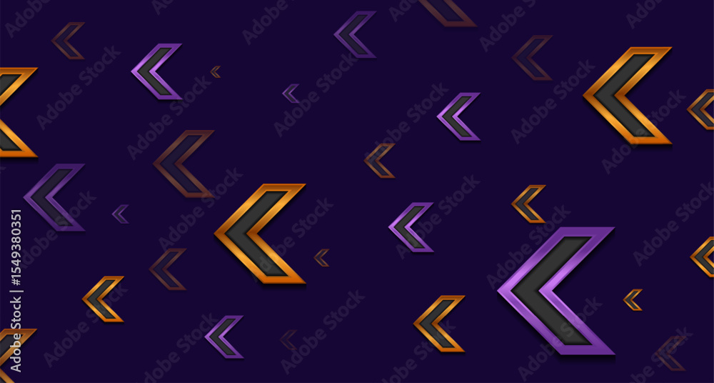 Poster golden and violet glossy arrows abstract tech geometric background. vector graphic design