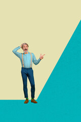 Vertical 3d poster art photo collage of happy businesswoman businessman stand geometric figure...
