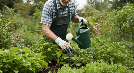 Senior Man Tending His Vibrant Garden, Watering Plants with Care