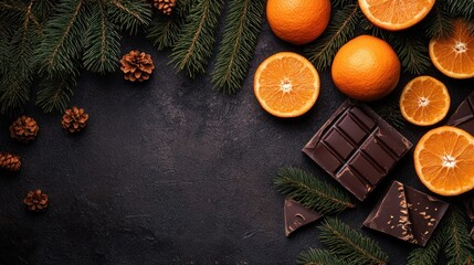 Dark chocolate and oranges on dark background