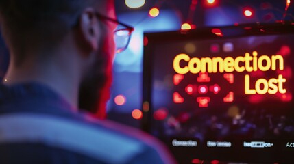 Frustrated young gamer staring at computer screen with connection lost error message, red ping indicator flashing. Online gaming issues, technical problems and internet connection failure concept.