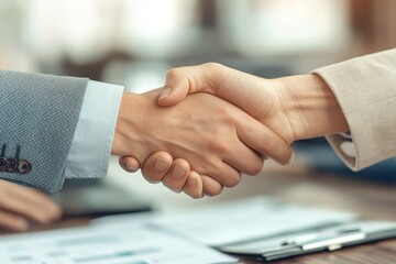Group of successful businesspeople meeting and shaking hands after finalizing a deal agreement, symbolizing successful business partnerships., Generative AI