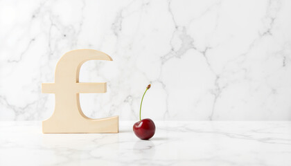 Cherry beside wooden pound symbol on marble background  