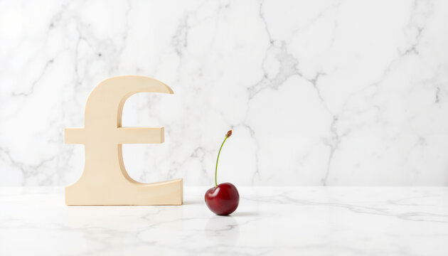 Cherry beside wooden pound symbol on marble background