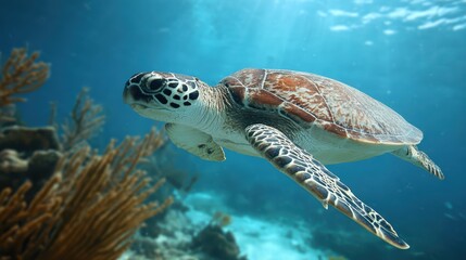 Obraz premium Green sea turtle gliding over coral reef, softly blurred turquoise water backdrop under shafts of sunlight