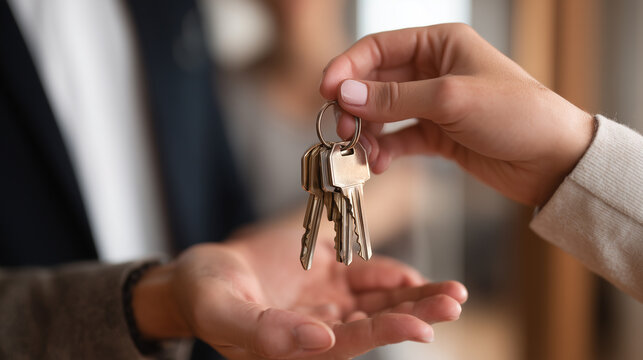 Close up of person handing over a set of house keys to another. - Powered by Adobe