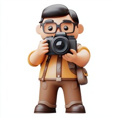 Photographer holding a professional camera, isolated on white