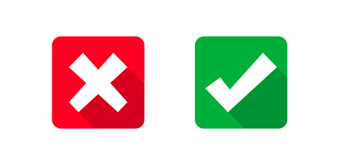 Green check and red cross square icons. Flat vector isolated