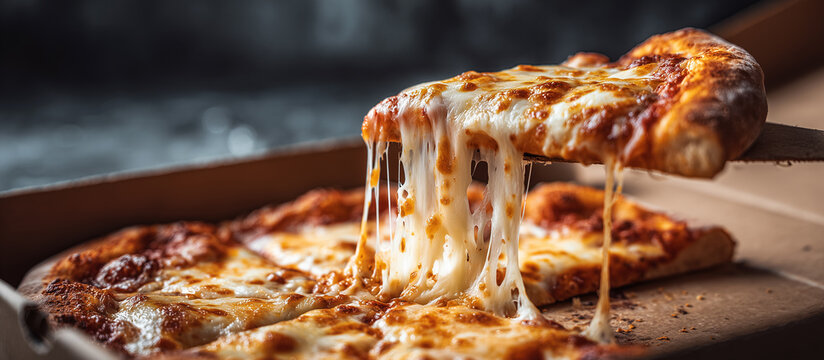 Pizza slice with melting cheese pulled from box banner
