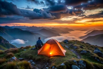 Person relaxing in a tent at sunset with a stunning mountain and cloud view