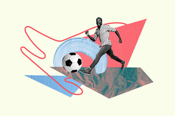 Contemporary artwork collage of happy guy goalkeeper run football game player push ball competition international tournament