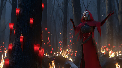 Crimson witch amidst forests fiery ritual