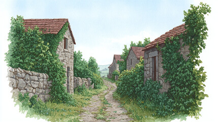 Fototapeta premium Explore a Serene Watercolor Village Scene with Lush Greenery and Rustic Architecture, Perfect for Evoking Tranquility and Natural Beauty in Your Living Space.