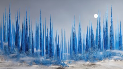 Obraz premium Ice forest of sapphire crystal trees under a pale moonlit sky with frost mist