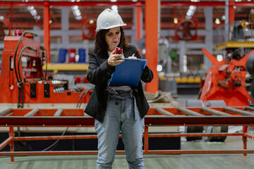 Woman engineer manager standing at steel production factory. Female inspector wears safety hard hat...