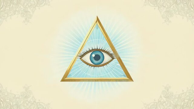 Mystical golden eye inside a glowing triangle radiates powerful energy, symbolizing enlightenment, divine vision, cosmic awareness, secret knowledge, higher consciousness, and spiritual awakening	
