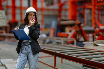 Woman engineer manager standing at steel production factory. Female inspector wears safety hard hat...