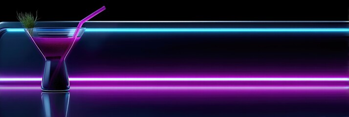 A vibrant cocktail sits elegantly in a glass, featuring a decorative straw and garnished with fresh herbs. Neon lights glow in shades of blue and purple, creating a modern atmosphere