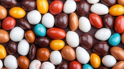 A vibrant arrangement of assorted chocolate-coated candies in various colors and shapes, showcasing a playful and indulgent treat that captures the essence of sweetness and joy.