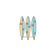 stylish surfboard rack with pastel boards and floral accents Vector illustration