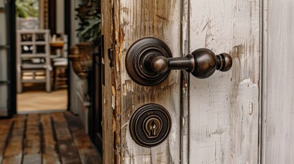 Obraz premium A close-up of a weathered wooden door featuring a vintage knob and a classic keyhole, highlighting the charm and history of aged materials in a cozy interior space.