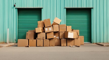 A vibrant urban scene featuring a pile of cardboard boxes arranged haphazardly outside storage units, conveying a sense of movement, organization, and transient life.