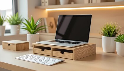 Stylish workspace featuring sustainable wooden desk accessories and devices