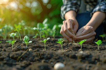 Vibrant Image of Woman Sowing Seeds in a Seedbed for Planting in the Vegetable Garden