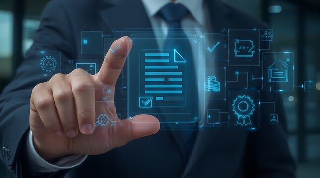 Man in suit interacting with digital document icons
