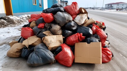 A large pile of black and red garbage bags sits beside a snowy roadside, depicting urban waste management issues and environmental concerns in a stark setting.