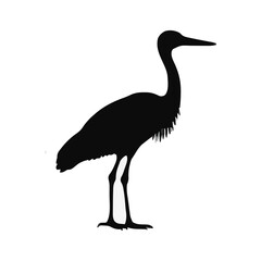 Obraz premium This black silhouette of a heron, featuring a long neck and legs, stands elegantly against a white background. Ideal for wildlife art, nature designs, or vector graphics.