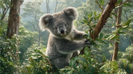 Koala clinging to eucalyptus branch in misty bush, softly blurred green leaf canopy under soft light