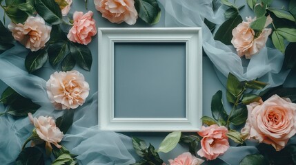 Blank frame surrounded by flowers and tulle