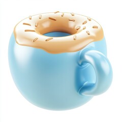 Quirky donut-shaped coffee cup in pastel blue, isolated on white