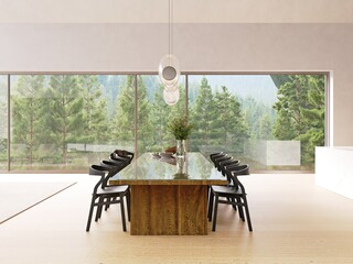 Modern dining room interior with a large window and forest view for luxurious home decor and furniture design.