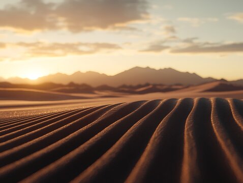 Serene desert landscape with sand dunes and a vibrant sunset sky