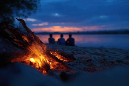 50. Friends enjoying a bonfire on the beach at twilight
