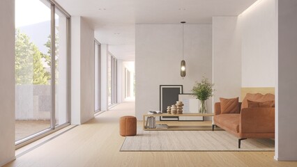 Living room with a modern minimalistic interior design and large panoramic window. Spacious bright apartment concept for home.