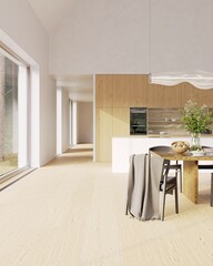 Modern home interior with kitchen, dining area and floor to ceiling window for renovation background. 3d rendering.