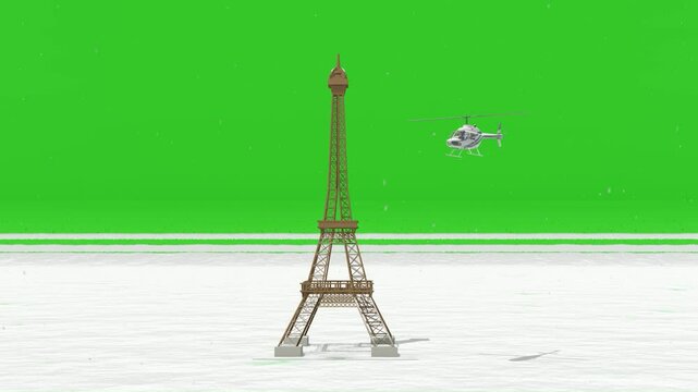 Helicopter Flying Over Snow-Covered Eiffel Tower on Green Screen Background for Digital Animation and Tourism Advertising