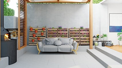 A comfortable outdoor living space with a modern design and a cozy fireplace. Render for home...
