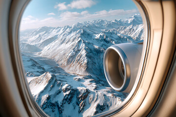 View from airplane window of snow-covered mountain range with aircraft engine visible against blue sky