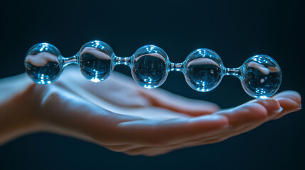 A hand holds a chain of transparent orbs, illuminated with a soft blue glow