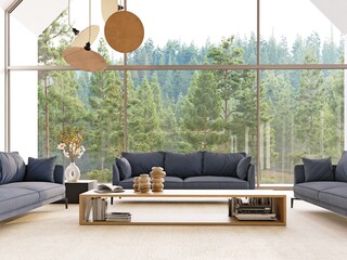 Modern living room with large window overlooking forest. Minimalist interior design with blue sofa. Bright space for relaxation.
