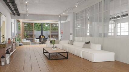 Interior of modern living room with comfortable white sectional sofa, stylish coffee table, and an outdoor patio view.