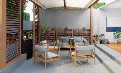 Cozy outdoor patio with a modern fireplace, stylish furniture, and hanging planters for a relaxing and inviting ambiance.