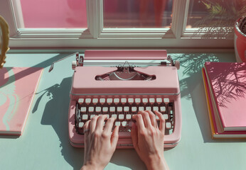 Hands typing on a pastel pink vintage typewriter placed on a mint green desk, with warm sunlight through a nearby window. Nostalgia, creativity retro background.