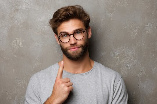 A man with glasses raises a finger in front of a textured gray background