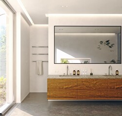 Modern bathroom design with a wooden vanity, and large mirror. Contemporary interior concept for home furnishing and decoration. 3d render