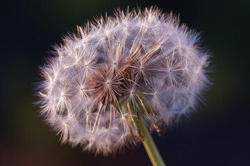 Fototapeta premium Close-up of a dandelion seed head with tiny filaments illuminated by sunlight